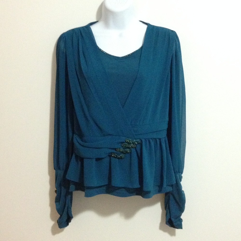 teal dressy blouse w/crystal trims
